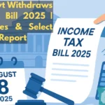 Illustration of Indian Parliament with Income Tax Bill 2025 being withdrawn, featuring legal and financial symbols in Indian colors.