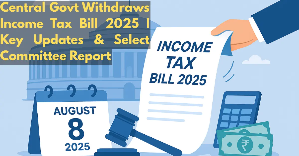 Illustration of Indian Parliament with Income Tax Bill 2025 being withdrawn, featuring legal and financial symbols in Indian colors.