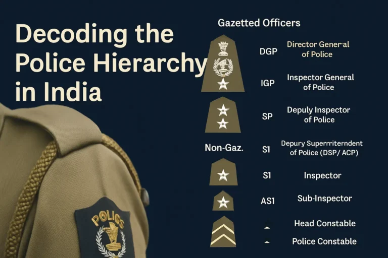 Infographic explaining Indian police ranks from constable to DGP with badge symbols and hierarchy structure