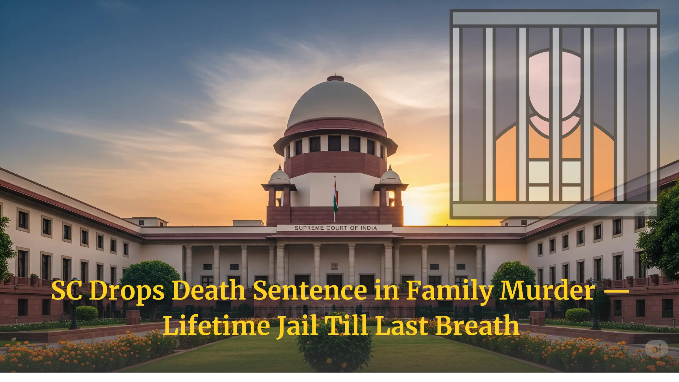 Illustration of Supreme Court with symbolic figure representing life imprisonment after family murder conviction in 2025 judgment