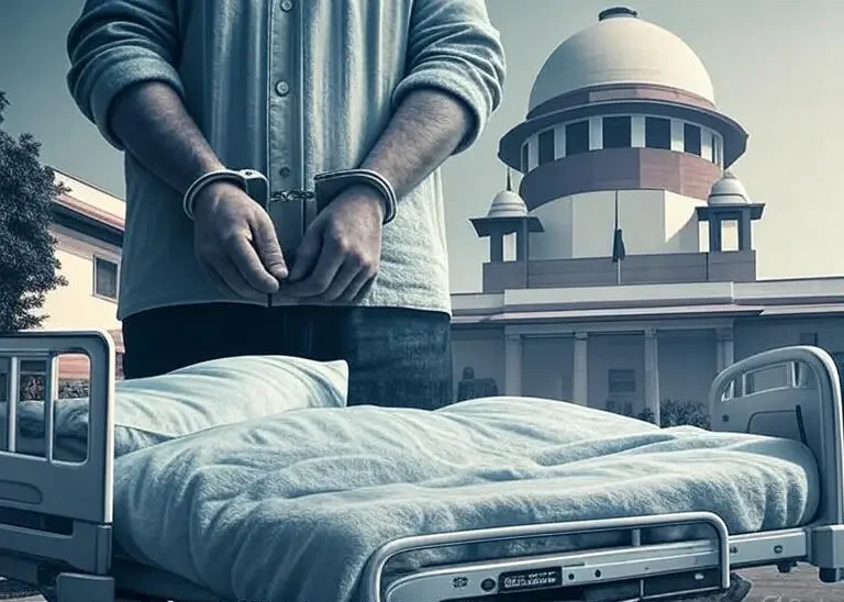 Illustration of Supreme Court of India with symbolic figure representing Vihaan Kumar’s arrest and Article 22(1) violation in 2025