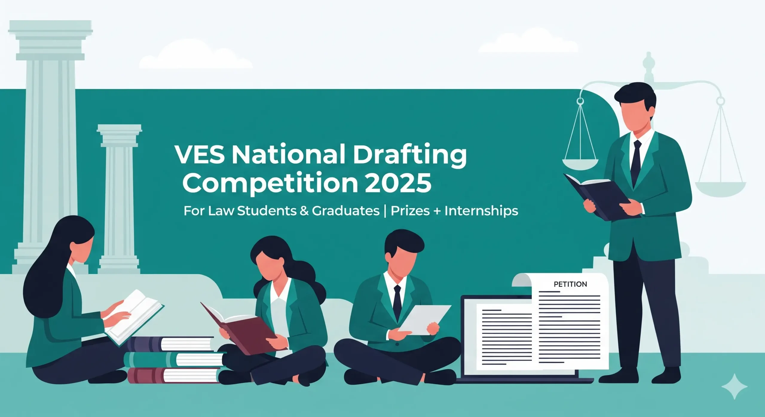 Law students drafting petitions during VES National Drafting Competition 2025 with legal books and court background