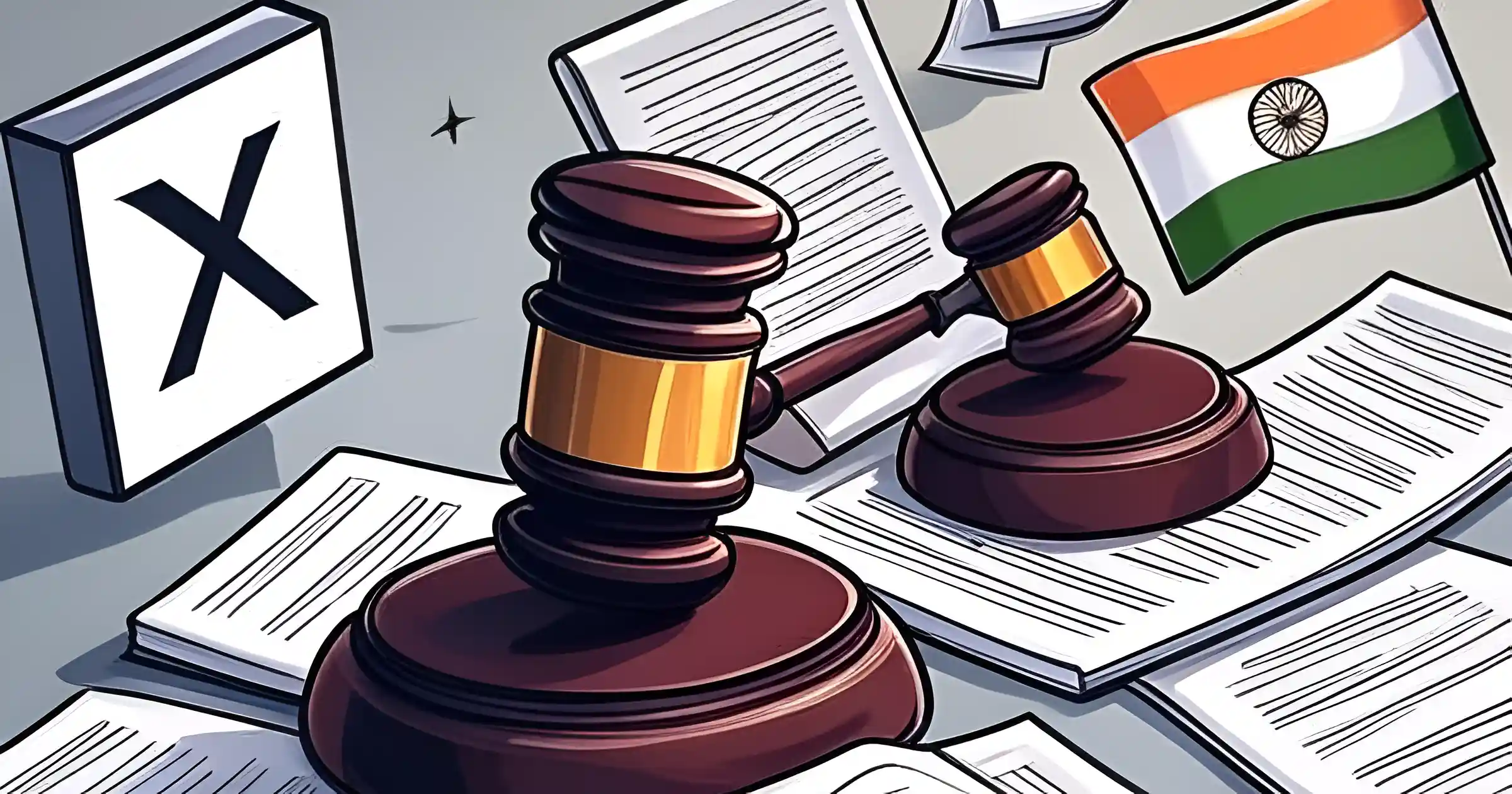 Illustration of X logo facing Indian government legal actions under Section 69A with gavel and Indian flag, symbolising platform regulation battle