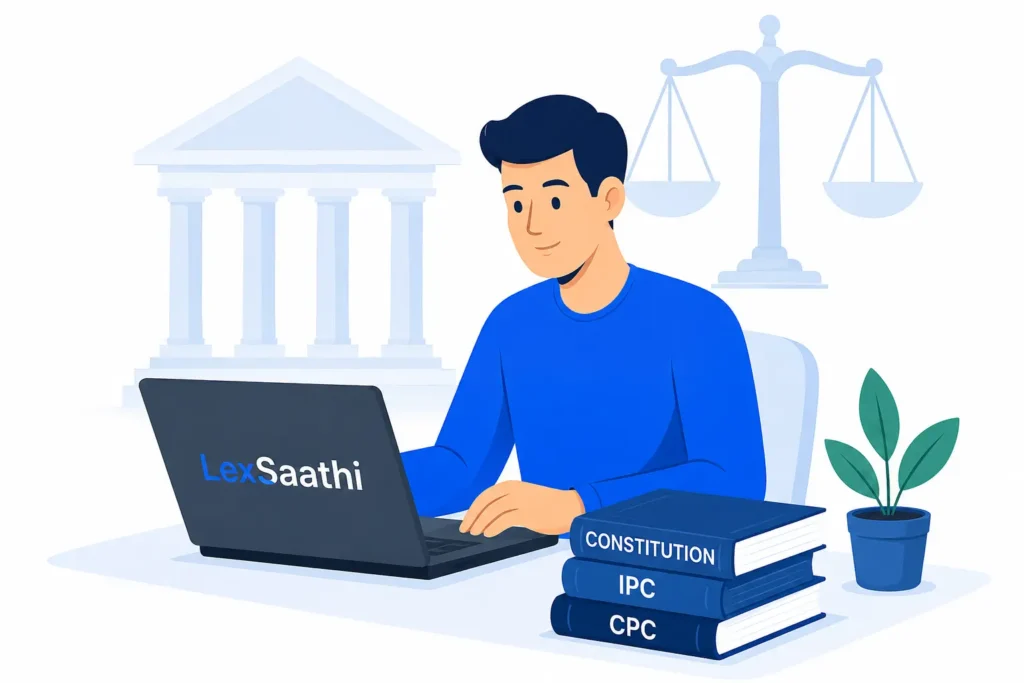 Lexsaathi | Legal Blogs, Judgments &Amp; Law Updates India 1 Law student using a laptop with Constitution, IPC and CPC books for LexSaathi legal education platform.
